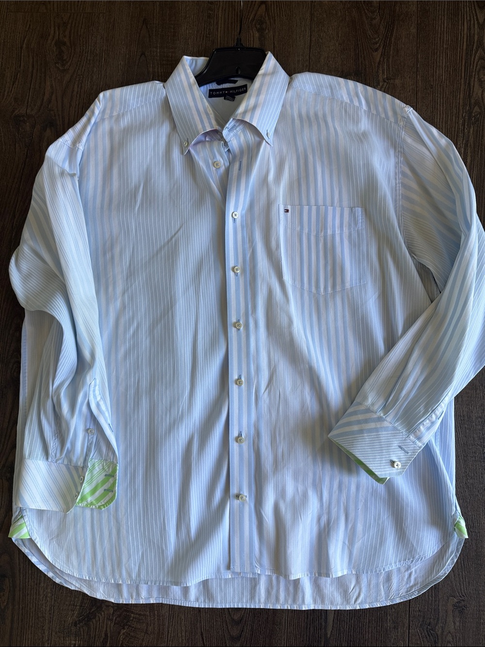 Tommy Hilfiger Light Blue White Pinstripe Men's Shirt Pink Green Vintage Y2k XXL